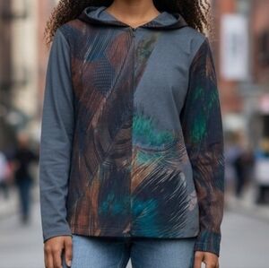 NEW! Parsley & Sage Gray Hoodie Zip Sweatshirt with Teal & Brown Feather 4163
